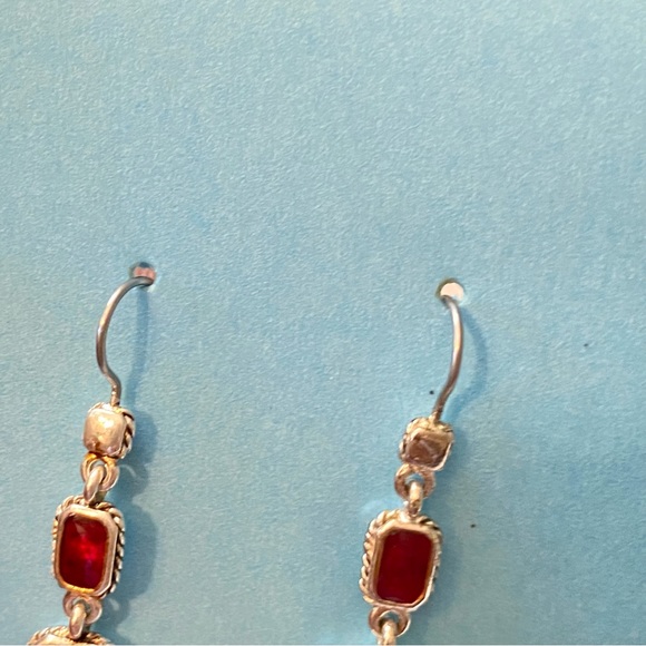 Liz Claiborne Silver Tone Simulated Red Stone Dangle Earings - Picture 5 of 9